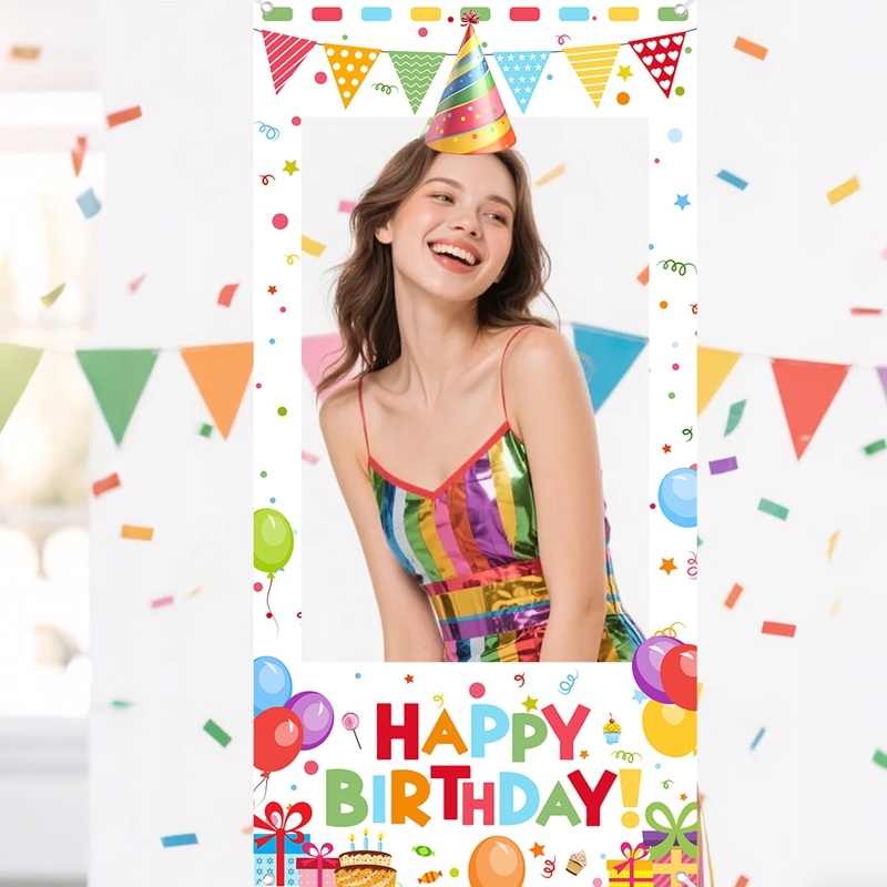 Photo Booth Frame - 誕生日パーティー写真ブースフレーム ハッピーバースデー写真フレーム背景幕 カラフルな風船 誕生日パーティー飾り付け用品