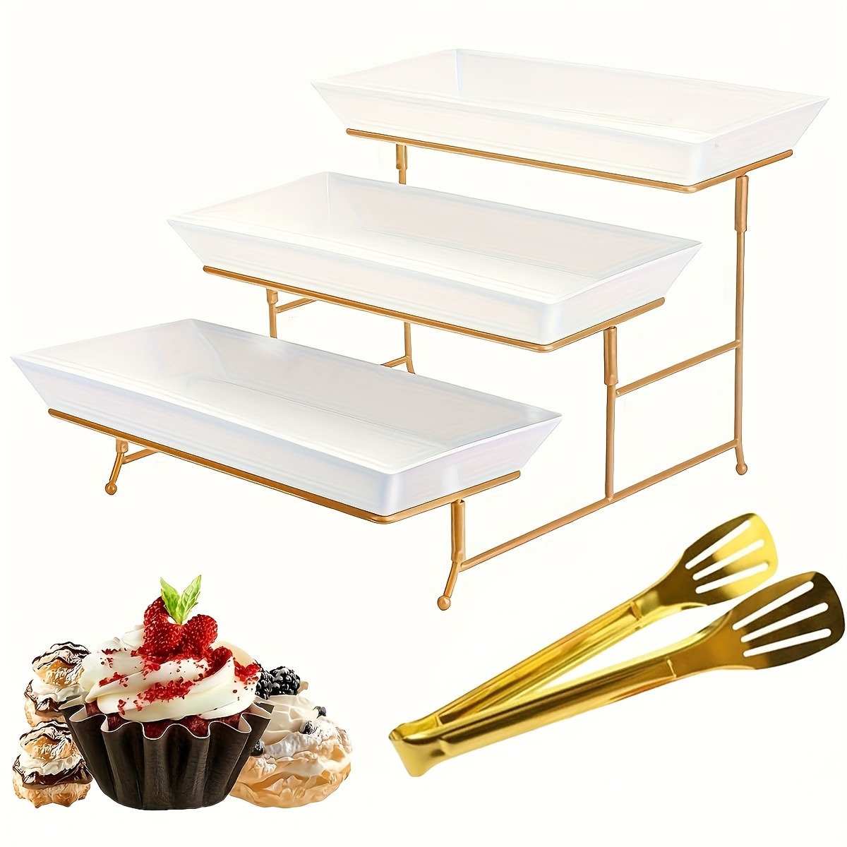 Cupcake Stand Tier - 白い段付きサービングスタンド+トング、カップケーキ、ドーナツ、フルーツ用の金属スタンド付きプラスチックトレイ3枚 - ティーパーティー、パーティーフードディスプレイ、結婚式のシーン用の段付きトレイスタンド