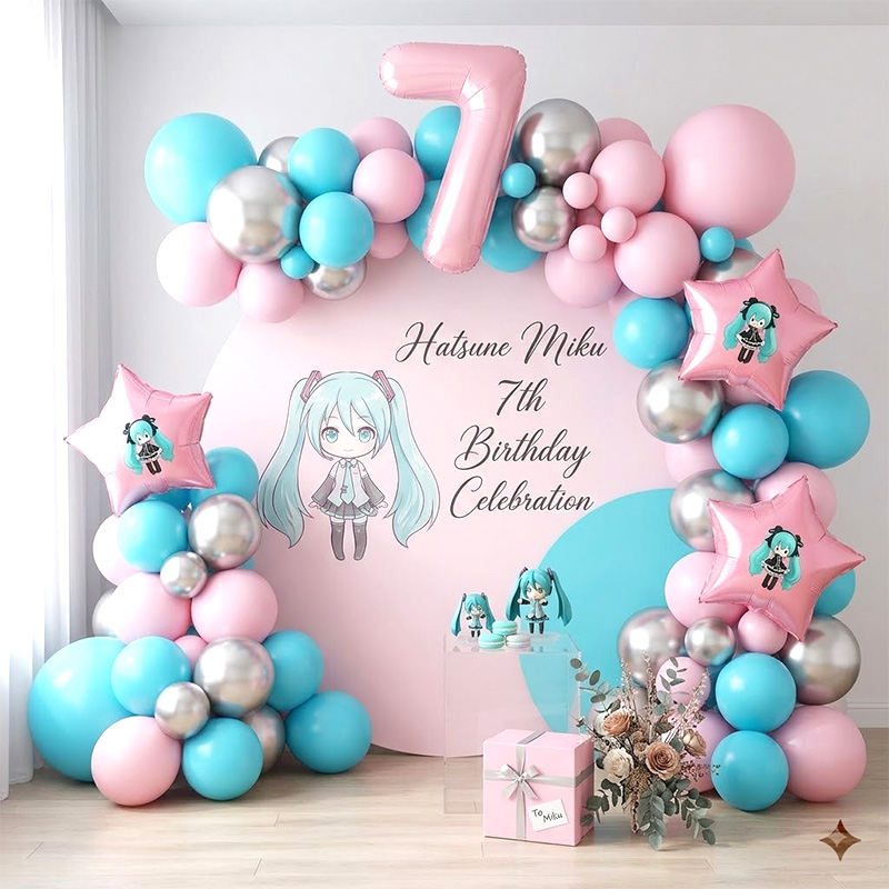 Balloon Arch Kit - 初音ミクバーチャルシンガー バルーンアーチガーランドキット、ティールブラックミックスバルーン ファン向け誕生日パーティー写真壁装飾用品