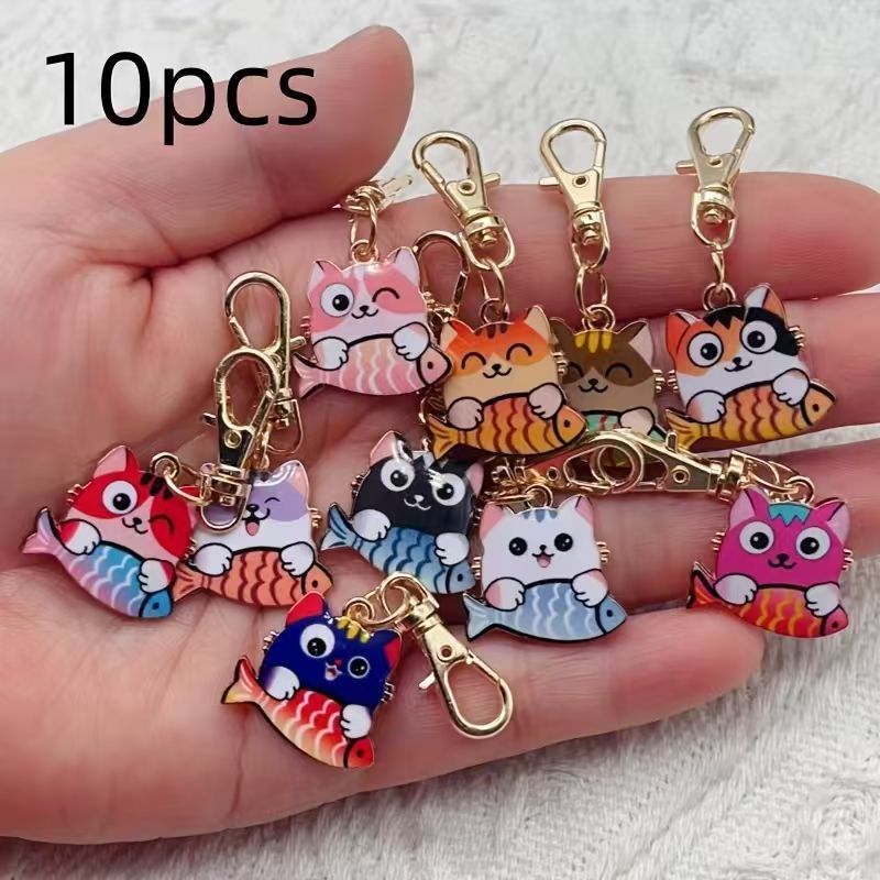 Party Favor Bag - 10個入り合金製プリント猫キーホルダー、バッグや財布の吊り下げアクセサリーに最適、ギフトに最適です。