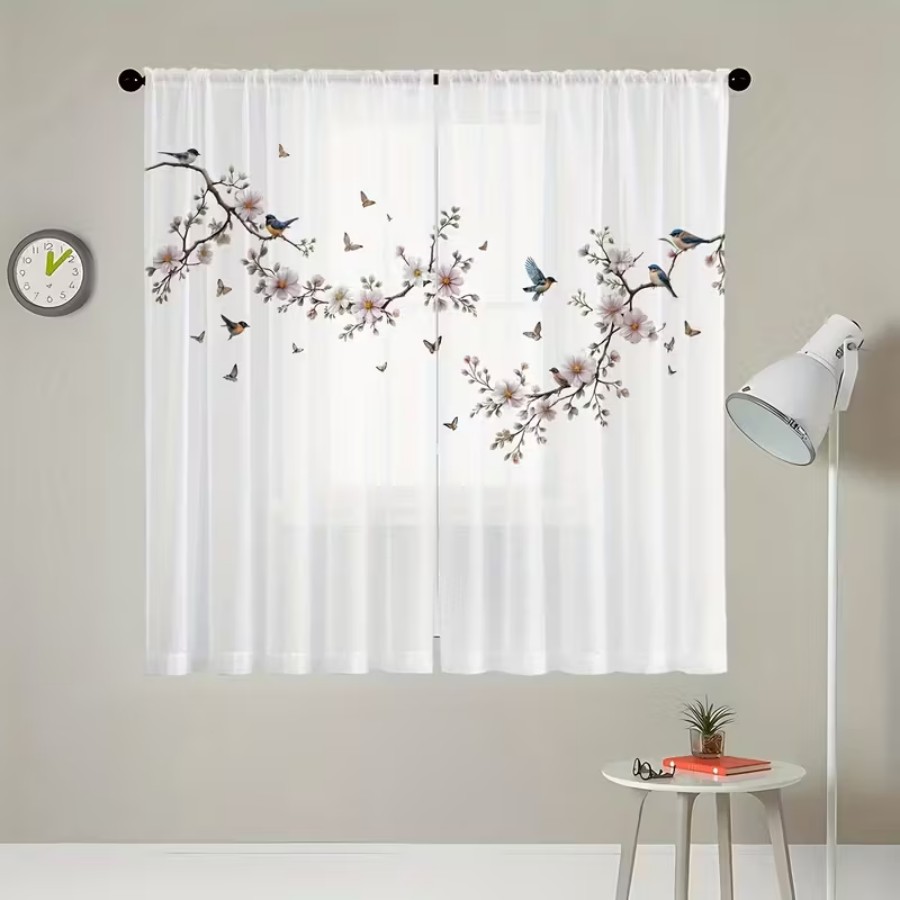 2枚組デジタルプリントシアーカーテン、花鳥蝶自然庭園春の窓用 - Flower Wall Panel のレビューと価格