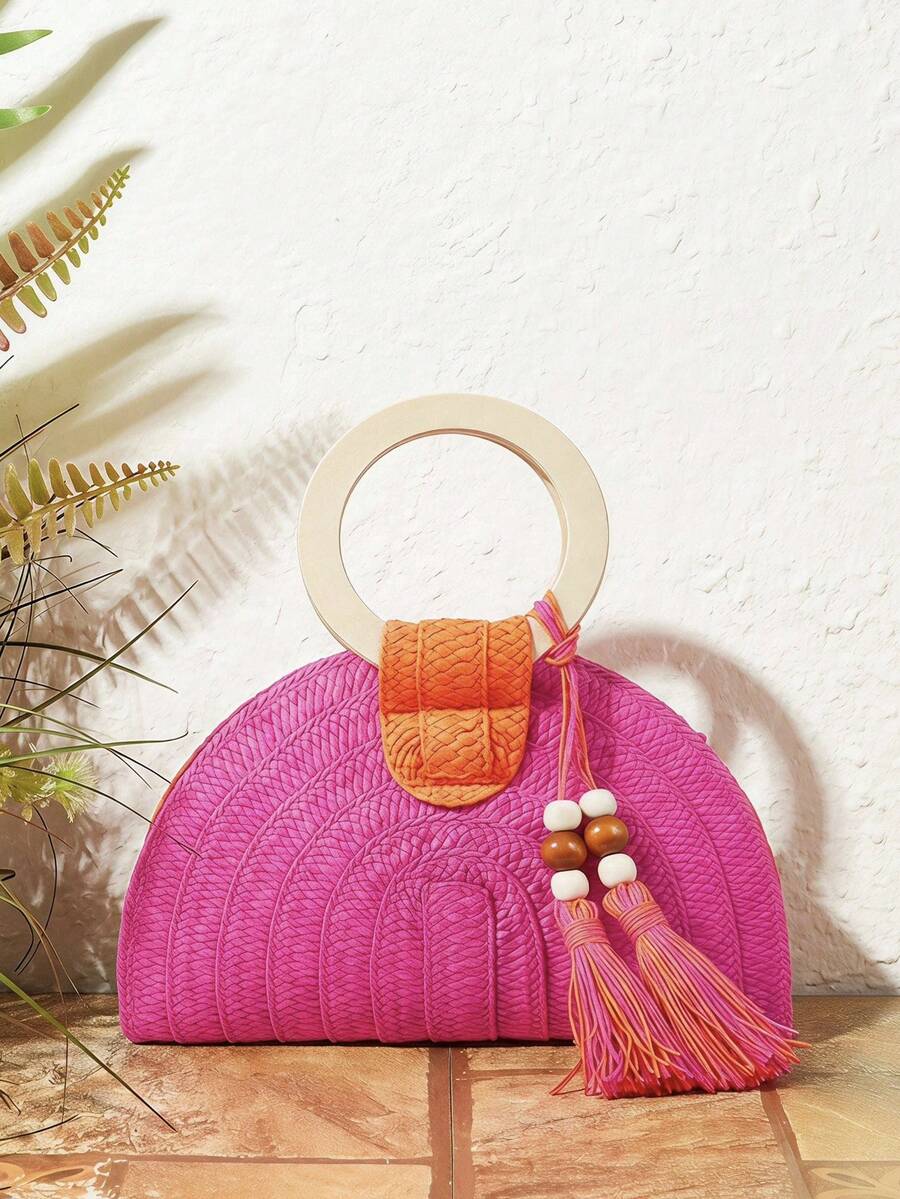 レディースラウンド型木製ハンドル、ツートンカラーのストロー織 - Paper Straw Color のレビューと価格