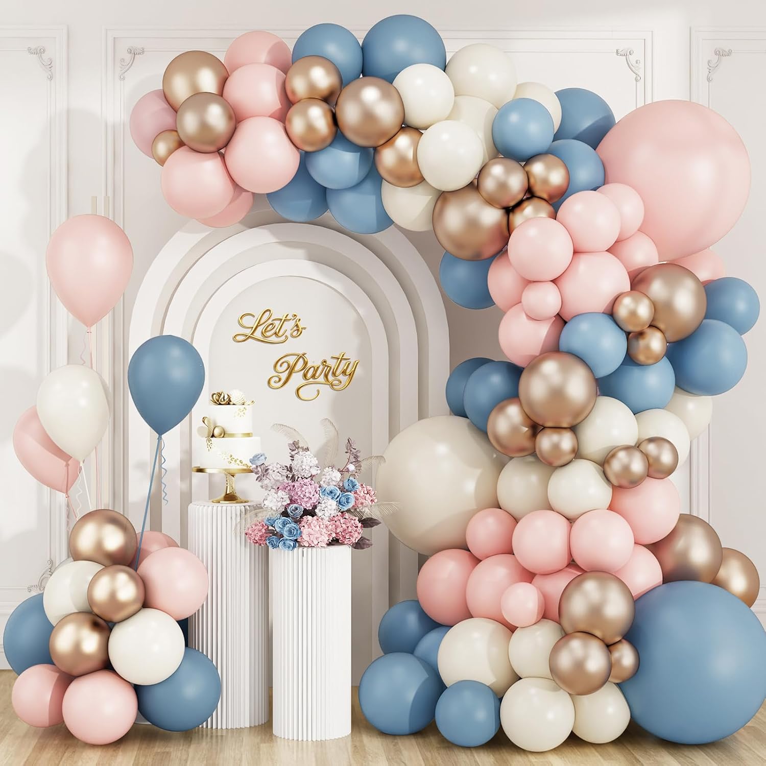 ダスティピンク、ブルー、シャンパンゴールドのラテックスバルー - Balloon Arch Kit のレビューと価格