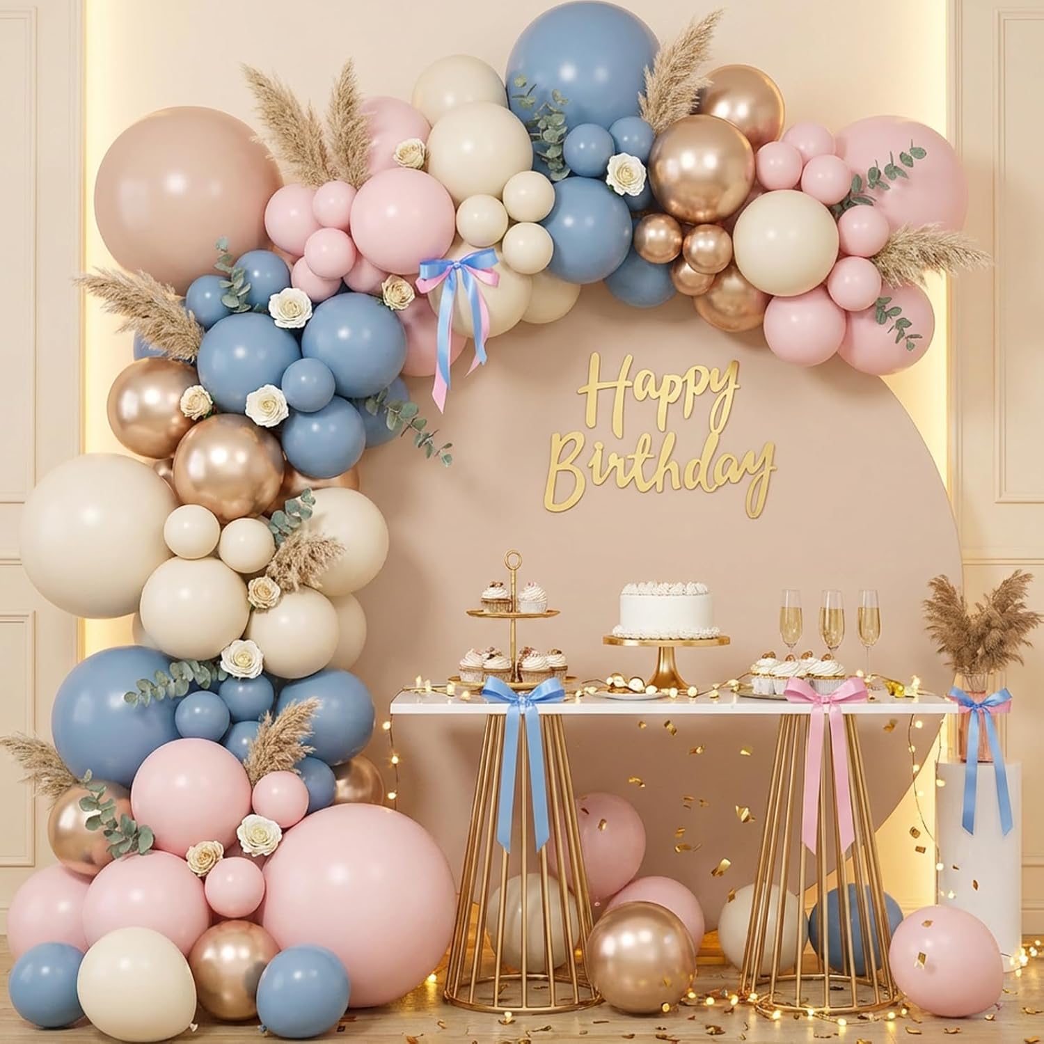 ダスティピンク、ブルー、シャンパンゴールドのラテックスバルー - Balloon Arch Kit のレビューと価格